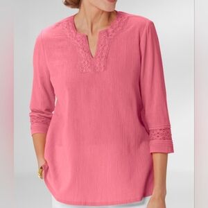 Womans Appleseeds Easy Breezy Lace-Trim Tunic 100% Cotton Size Large